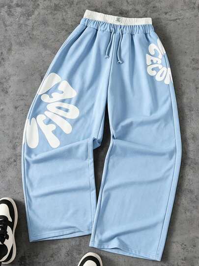 Coolqubz 1 pieza Pantalón de chándal de punto holgado de pierna ancha para adolescente, diseño de cintura doble, tela cómoda, color versátil, adecuado para el campus y uso diario, ideal para otoño/invierno