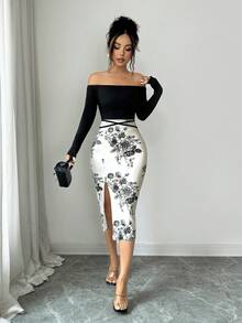 Elenzga Women's Colorblock Patchwork Floral Print High Slit Off-Shoulder Midi Dress - Multicolor - View 4
