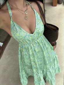Sunnyshic Bohemian Vacation Series Fashion Halter Neck Sexy Backless Beach Classic Blue Print Summer Versatile New Women's Dress - Green - View 3