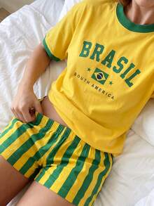 INAWLY Women's 2 Pieces Set, Brazilian Pattern, Yellow Loose Short-Sleeve Top, Yellow-Green Striped Women's Shorts, Summer Bestseller, Summer Women's Shorts - Multicolor - View 5