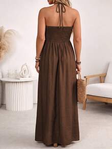 Ceyna 女款大尺碼春夏巧克力棕單層竹纖維亞麻混紡黏膠纖維細肩帶蝴蝶結雙層抓皺鬆緊 A 字洋裝 - 咖啡棕 - 查看 2