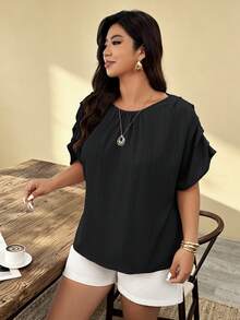 Weeklong Blusa casual holgada para mujer talla grande, primavera/verano, cuello redondo, mangas conectadas con fruncido y Body fruncido - Negro - Ver 6