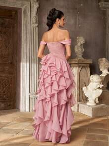 Aureia Elegant Glamorous Fashionable Dark Pink Lace Patchwork Organza Ruffle Ruched Bust Layered Ruffle A-Line Women's Formal Evening Gown - Pink - View 4