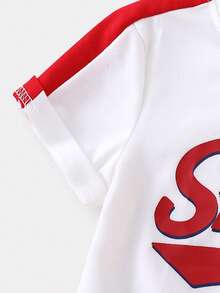 SHEIN Casuvi Kids 女童字母印花拼色T恤與翻蓋口袋工裝褲2件式夏季套裝 - 紅色 - 查看 6