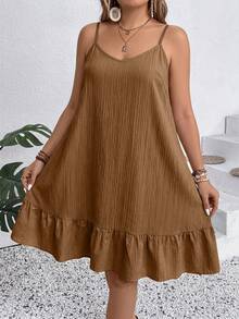SHEIN LUNE CURVE Vestido casual de vacaciones con tirantes de camisola de unicolor talla grande - Marrón - Ver 6