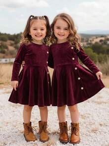 Emery Rose Kids Emery Rose Kids 女童酒紅色長袖洋裝，適合小女孩，聖誕閃亮波爾多紅派對冬季假期禮服 - 酒紅色 - 查看 4