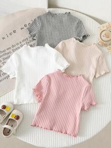SHEIN 女童夏季可愛羅紋素色荷葉邊短袖上衣 夏日上衣 - 彩色 - 查看 3