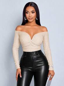 SOLERSUN Off Shoulder Ruched Crop Tee For Women, Textured Long Sleeve Slim Fit Sweetheart Neck T-Shirt - Apricot - View 6
