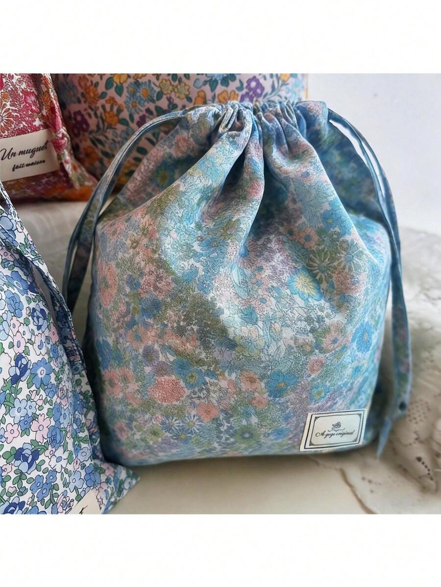 [Bolsa con flores encantadora] Bolsa de cordón con estampado floral vibrante de 1 pieza - Bolsa de regalo y almacenamiento de tela encantadora con motivo, perfecta para joyas, cosméticos, artículos de viaje y organización del hogar - Multicolor - Ver 1