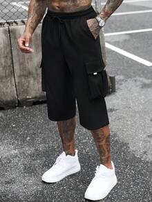 SLATEMANN Pantalones cargo casuales de 7 puntos con cintura con cordón y múltiples bolsillos para hombres - Negro - Ver 4
