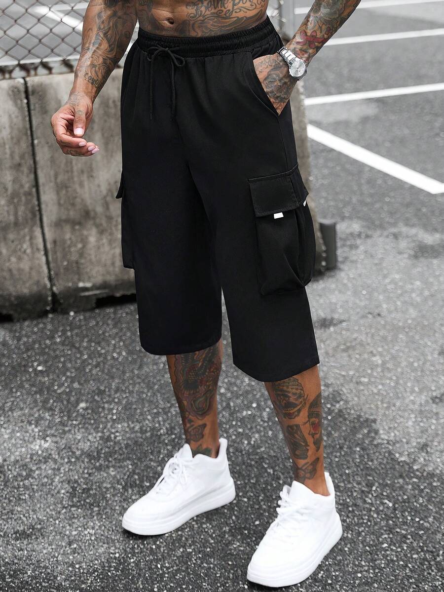 SLATEMANN 男士抽繩腰休閒多口袋七分工裝褲 - 黑色 - 查看 1