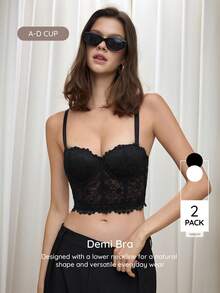 Bralution 2pcs Solid Color Lace Underwire Molded Cup Daily Romantic Elegant Sexy Women's Bra - Multicolor - View 1