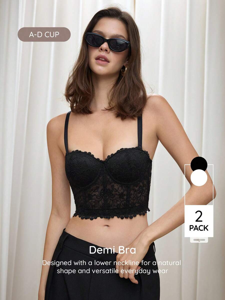 Bralution 2pcs Solid Color Lace Underwire Molded Cup Daily Romantic Elegant Sexy Women's Bra - Multicolor - View 1