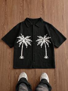 SWAVVY Men's Coconut Tree Pattern Casual Versatile Daily Wear Knit Top - Black - View 3