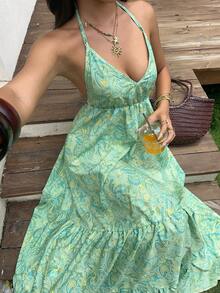 Sunnyshic Bohemian Vacation Series Fashion Halter Neck Sexy Backless Beach Classic Blue Print Summer Versatile New Women's Dress - Green - View 6