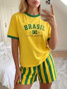 INAWLY Women's 2 Pieces Set, Brazilian Pattern, Yellow Loose Short-Sleeve Top, Yellow-Green Striped Women's Shorts, Summer Bestseller, Summer Women's Shorts - Multicolor - View 3