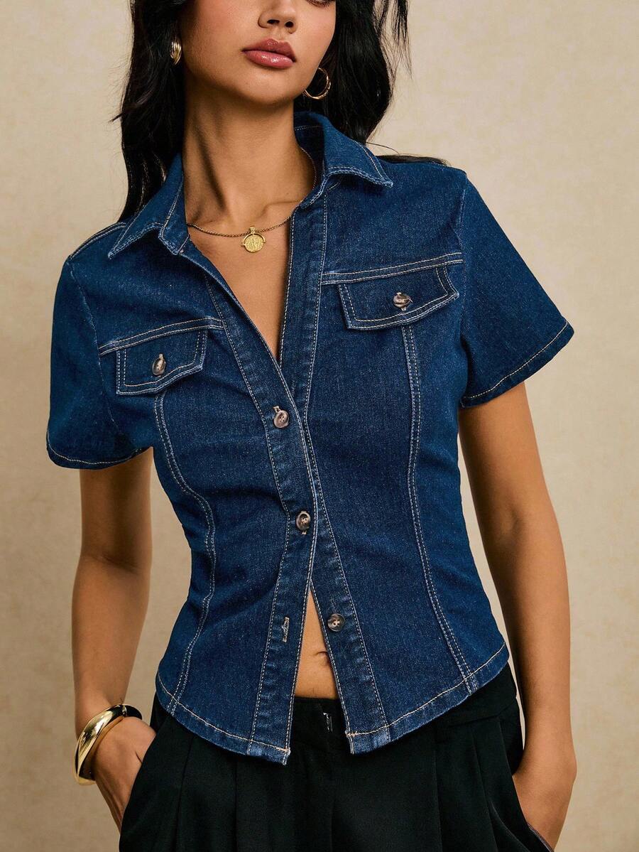 Poéselle 女款夏季休閒短袖牛仔夾克 - 中等水洗藍 - 查看 1