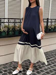 DAZY Colorblock Patchwork Round Neck Casual Loose Short Sleeve Long Maternity Dress For Spring And Summer - Navy Blue - View 4