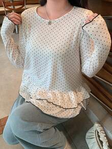 Dazy Plus Plus Size Women's Round Neck Polka Dot Sheer Top, Summer & Autumn New Arrival Long Sleeve Cute Tops Vacation - White - View 2