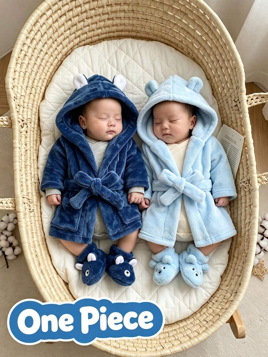 Newborn Baby Flannel Tie-Up Hooded Loungewear Robe - Blue - View 1