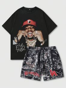 ROMWE MEN Men's Plus Size Character Print T-Shirt And Branch Print Shorts Set - Black - View 1