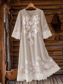 Elouméa Women's Spring/Summer French Casual Solid Color V-Neck Faux Lace Print Patchwork Lace Trim Loose Mid-Sleeve Dress, Suitable For Daily Wear And Home - Apricot - View 3