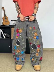 STEELVANCE Men's Pocket Button Floral Embroidery Pattern Distressed Design Casual Versatile Daily Travel Jeans - Grey - View 3