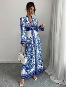 Elenzga Women's Floral Print V-Neck Button Elegant Midi Dress Fall Cloth For Women - Blue - View 4