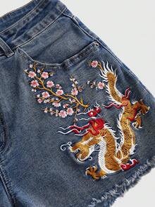 ROMWE Grunge Punk Plus Size Women's Vintage New Chinese Style Embroidered Frayed Denim Shorts - Blue - View 4