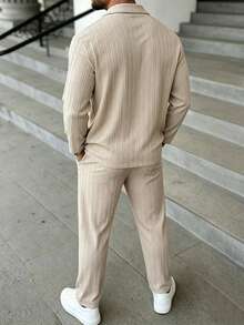Manfinity Homme Men's Casual Versatile Solid Color Shirt And Long Pants - Khaki - View 2