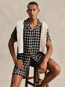 EverLounge Conjunto de pijama masculino com camisa de botão de manga curta e shorts em estampa xadrez - Preto - Visão 3