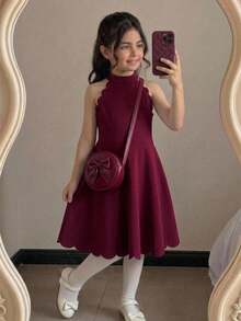 Vestido infantil para niña joven, casual y elegante, de moda, color rojo sólido, cuello alto, sin mangas, con cintura ceñida, corte evasé, bajo con pétalos y bajo curvo, vestido sin mangas, vestido color burdeos, vestido para niños - Burdeos - Ver 8