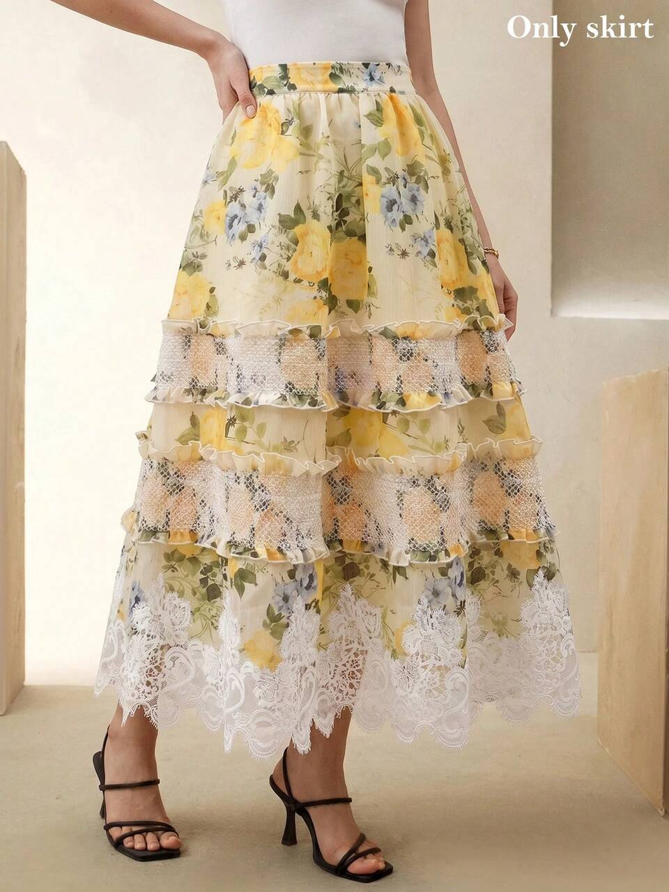 Anewsta Summer Women's Elegant Flared Midi Skirt, Romantic Floral Print, Lace Panel, Jacquard Craft, For Afternoon Tea, Parties, And Holidays
