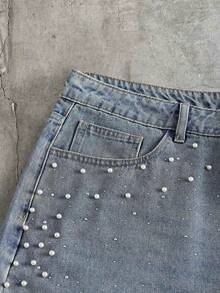 AXEPEAK Men's Black Washed Rhinestone StuddedBermuda Shorts - Medium Wash - View 5