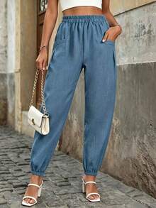 SHEIN LUNE Damen-Freizeithose aus blauem Denim mit Crinkle-Struktur, elastischem Bund, lockerem Harem-Schnitt, Taschen, Umschlagbündchen, figurschmeichelnd, gekürzt, für den Herbst und Urlaub - Blau - Übersicht 1