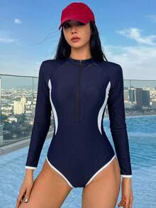 Livesso 女款拼色長袖連身泳衣，適合海灘度假、泳池派對、海灘派對夏季 - 黑與白 - 查看 2