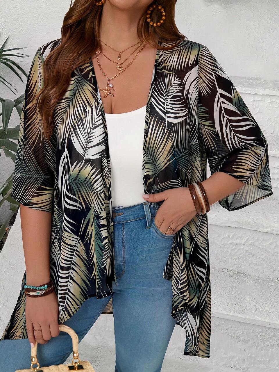 Plus Size Leaf Print Casual Versatile Daily Wear Cardigan