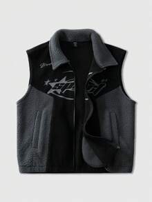 ROMWE MEN Street Life Men's Autumn/Winter Letter Print Black & Gray Colorblock Fashion Versatile Vest - Multicolor - View 5