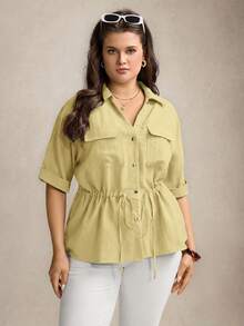 Zelara Plus Size Loose Drawstring Waist Shirt - Light Yellow - View 8