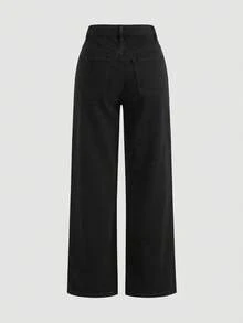 SHEIN Girlism 少女纯色系带直筒宽松休闲日常牛仔裤 - 黑色 - 查看 2