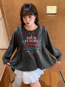 Dazy Plus Colorful Letter Print Patchwork Frill Trim Loose Long Sleeve Casual T-Shirt For Girls, Spring Summer Plus Size Autumn Graphic Tees Cute Tops Oversized - Dark Grey - View 5
