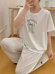 Dazy Plus Bow Print White Short Sleeve Top & Polka Dot Long Pants Cute Spring/Summer Pajama Set - White - View 5