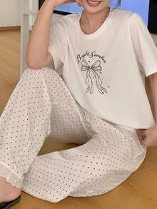 Dazy Plus Bow Print White Short Sleeve Top & Polka Dot Long Pants Cute Spring/Summer Pajama Set - White - View 7