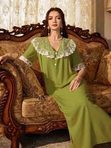 PalaceNights Palace Style Embroidered Floral Lace Patchwork V-Neck Button Front Short Sleeve Nightgown - Olive Green - View 3