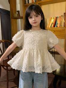 DAZY Round Neck Textured Short Sleeve Design Waist-Cinching Blouse For Young Girls - Beige - View 4