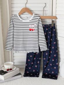 SHEIN Genkimix Kids 女童櫻桃印花條紋長袖上衣與長褲家居服套裝 - 藍白色 - 查看 3