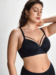 Slumbrini Sujetador sólido con diseño hueco y sujetador inalámbrico para mujer de talla grande, con efecto de elevación - Negro - Ver 7