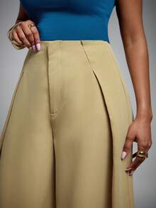 Vixey Solid Woven High Waist Pleated Wide Leg Pants, Office, Casual Elegant, Tailored Trousers Khaki Green Summer - Camel - View 5