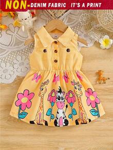 SHEIN Playful Pals 1件女嬰無袖牛仔鈕扣領卡通動物印花休閒陽光連身裙 夏季 - 黃色 - 查看 2
