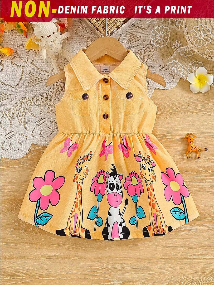 SHEIN Playful Pals 1件女嬰無袖牛仔鈕扣領卡通動物印花休閒陽光連身裙 夏季